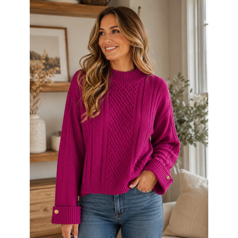 Talbots Womens XL Magenta Cable Knit Mock Neck Sweater Gold Button Cuffs